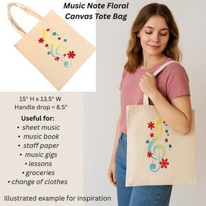 Music Note Floral Canvas Tote Bag Eco Friendly Reusable Shopping Bag Long Handle